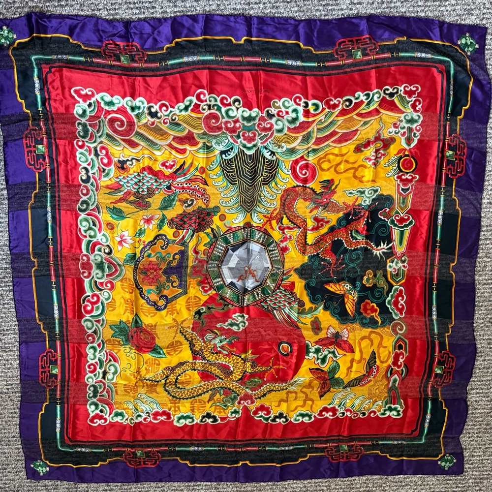 Cartier Silk Scarf in Red with Green, Black and Gold Accents